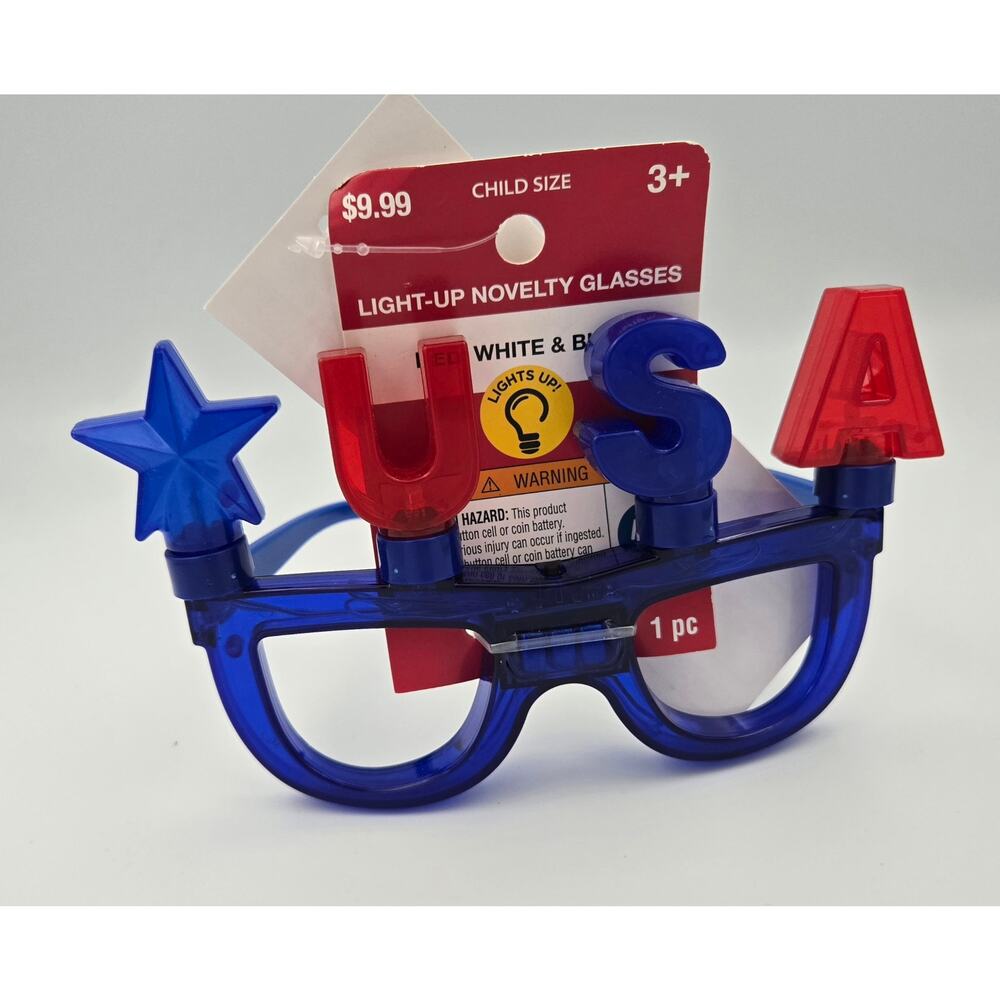 Childs Size Light Up Novelty Glasses USA Patriotic Red and Blue 4th of July NEW